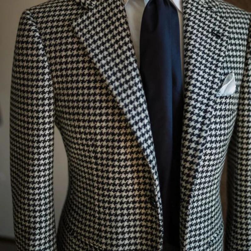 Blazer d'affaires pied-de-poule pour hommes, veste de costume à revers cranté à carreaux, manteau fo