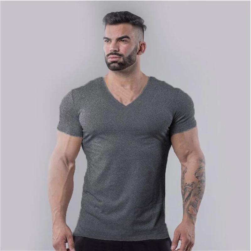 T-shirt de sport en coton uni pour hommes, vêtements de Fitness d'été, col en v, manches courtes, co