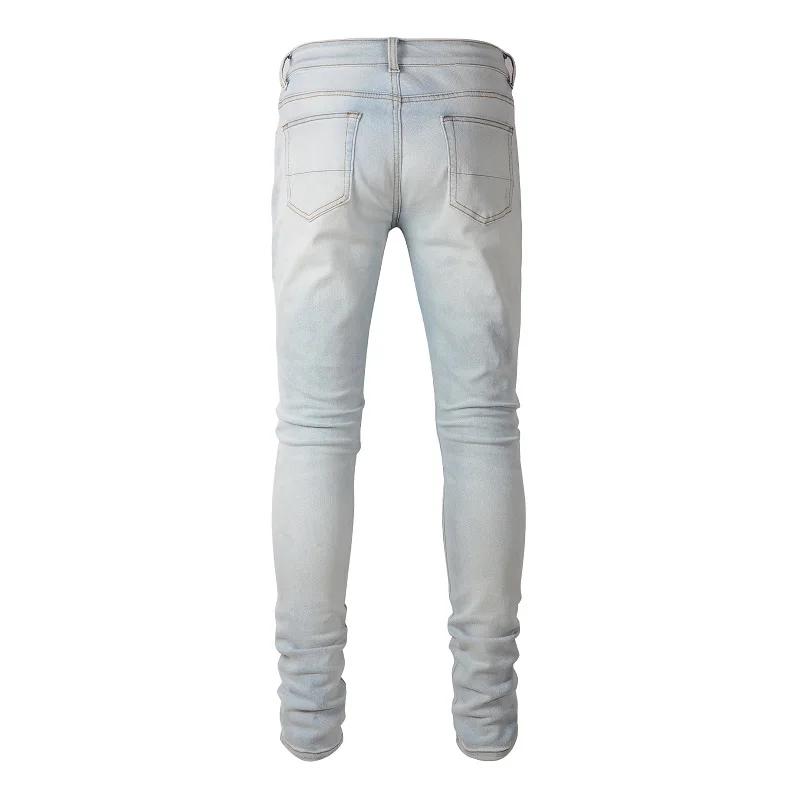 Jean de motard bleu clair pâle pour hommes, Patch plissé craquelé, pantalon en Denim extensible, Str