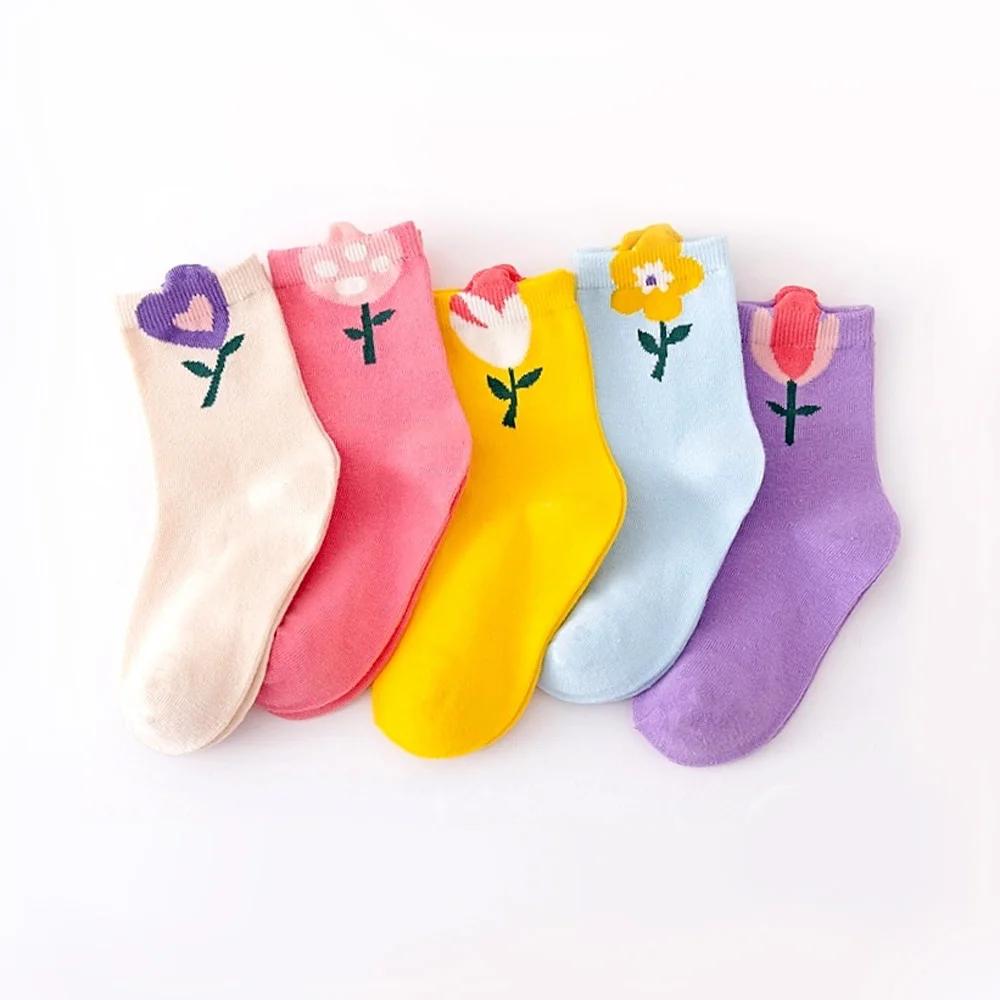 5 paires de chaussettes pour filles, motif de fleurs de dessin animé mignon, chaussettes confortable