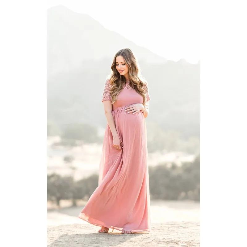 Robe de maternité en dentelle patchwork, style européen, coupe ample, robe longue à traîne, manches 