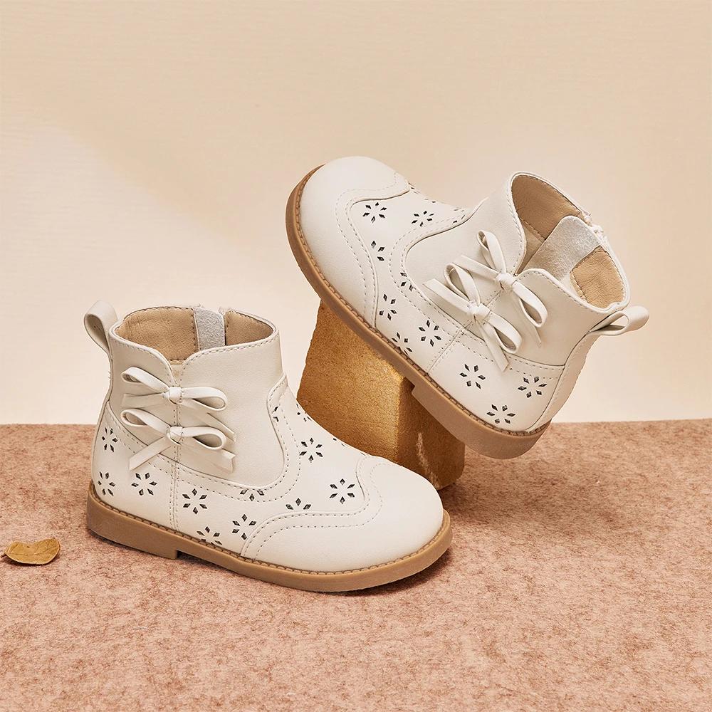 Dave Bella bottes courtes en cuir pour enfants hiver filles anti-dérapant chaussures en peluche mode