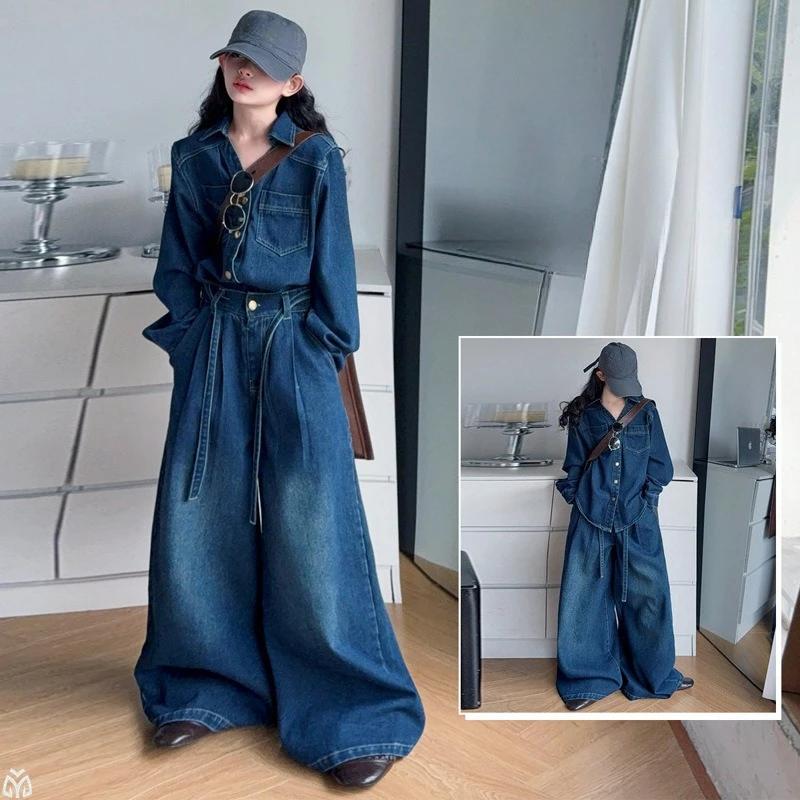 Costume de vêtements en denim pour adolescentes, design français, chemise en jean irrégulière + jean