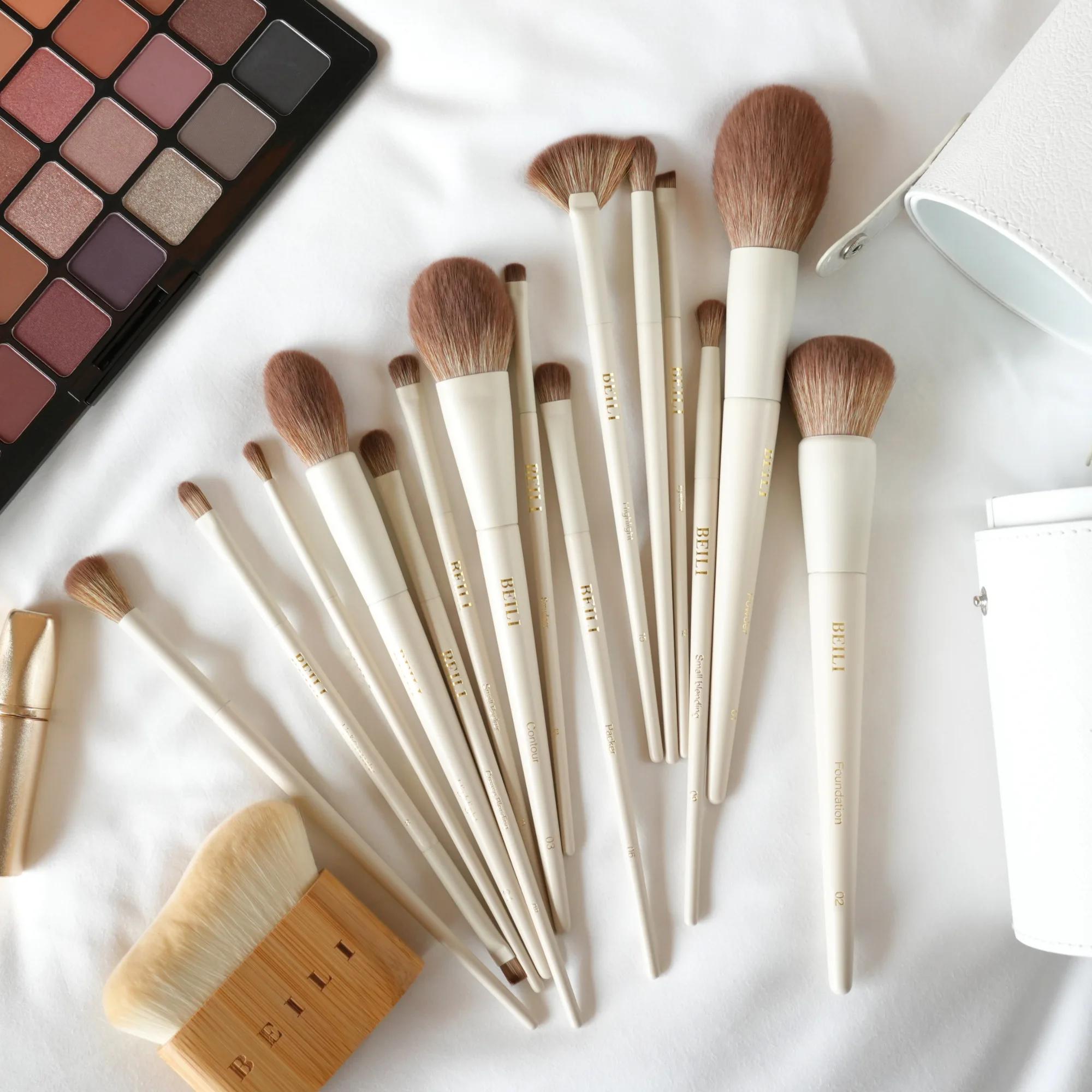 BEILI 15 pièces Beige Premium synthétique pinceaux de maquillage ensembles fond de teint correcteur 