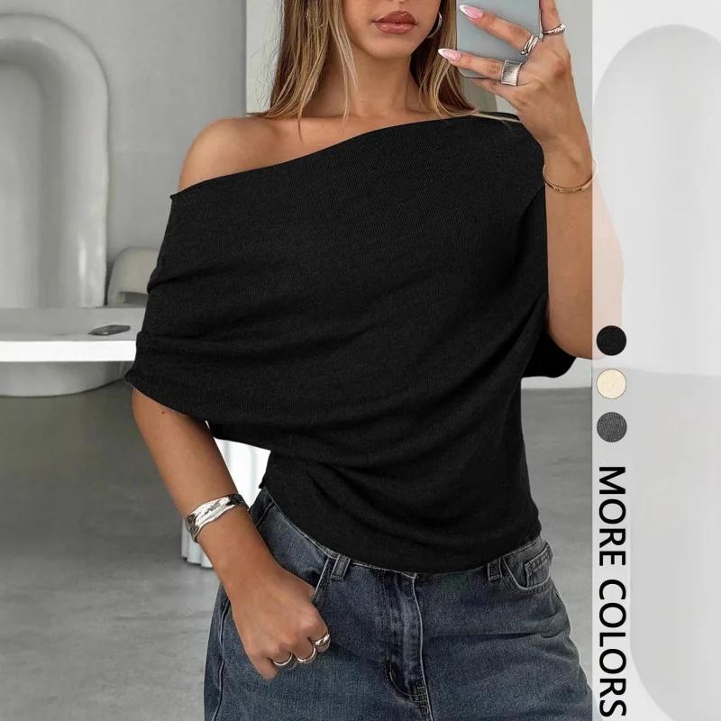 BKQU T-shirts d'été sexy à une épaule, mode slim, manches courtes chauve-souris, crop tops froncés, 