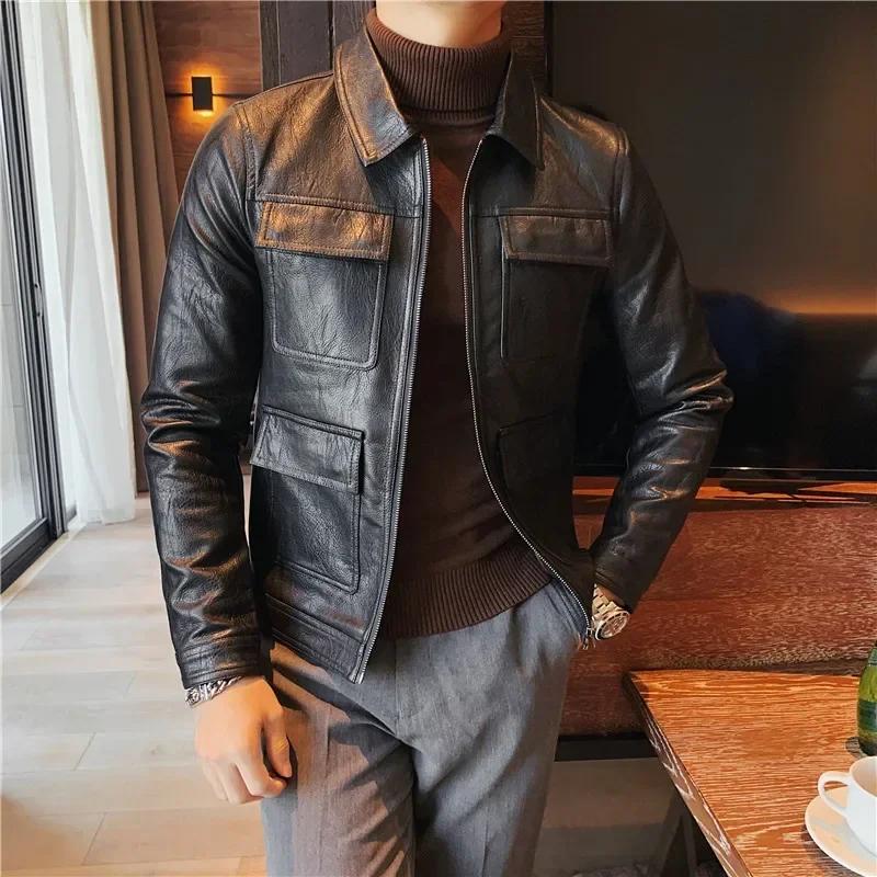 Veste en similicuir PU de haute qualité, mode, conception multi-poches, CombMan, Vintage Business, S
