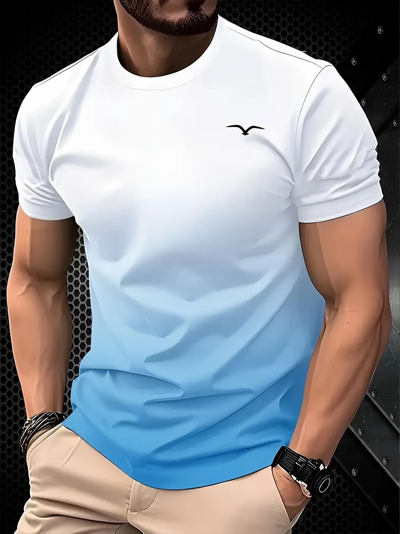 T-shirt d'été de luxe pour homme à imprimé 3D dégradé, motif abstrait vague tourbillonnante turquois