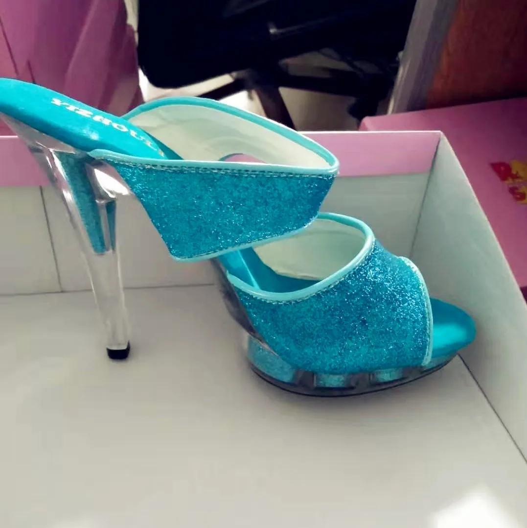 Talons hauts de 13cm, sandales sexy à paillettes bleues pour modèles de boîtes de nuit, pantoufles d