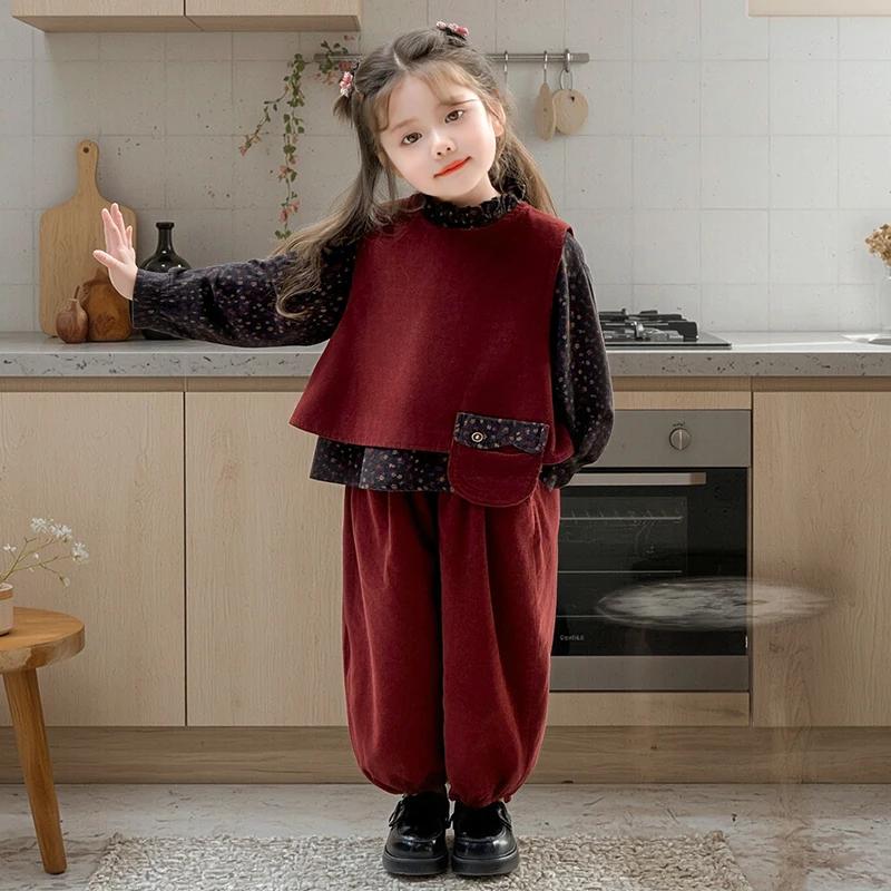 Vêtements à la mode pour filles, nouvelle chemise florale, gilet et pantalon de couleur unie, ensemb