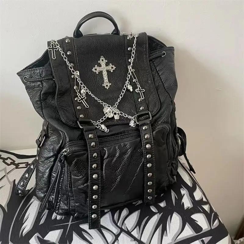 Grunge Rivet noir Y2k sac à dos femmes gothique sous-culture Punk croix noir Mochila dames Vintage H