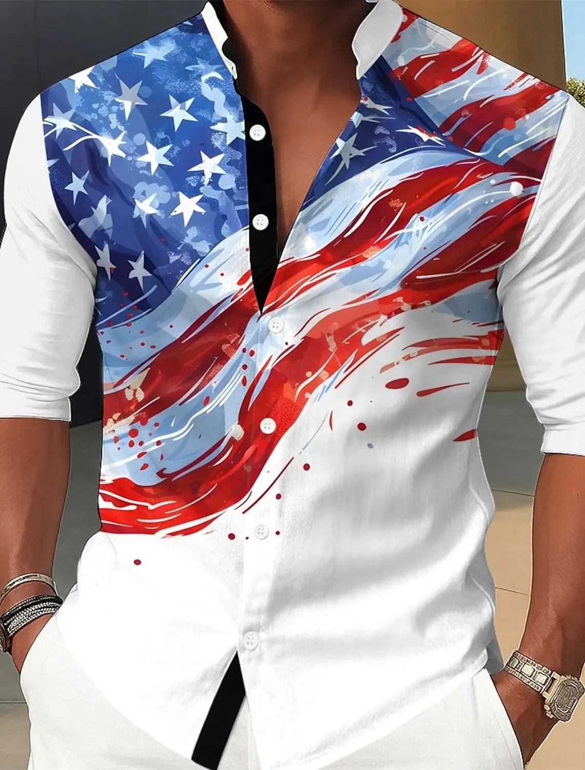 Chemise patriotique drapeau américain pour hommes, tenue décontractée, manches longues, col Mandarin