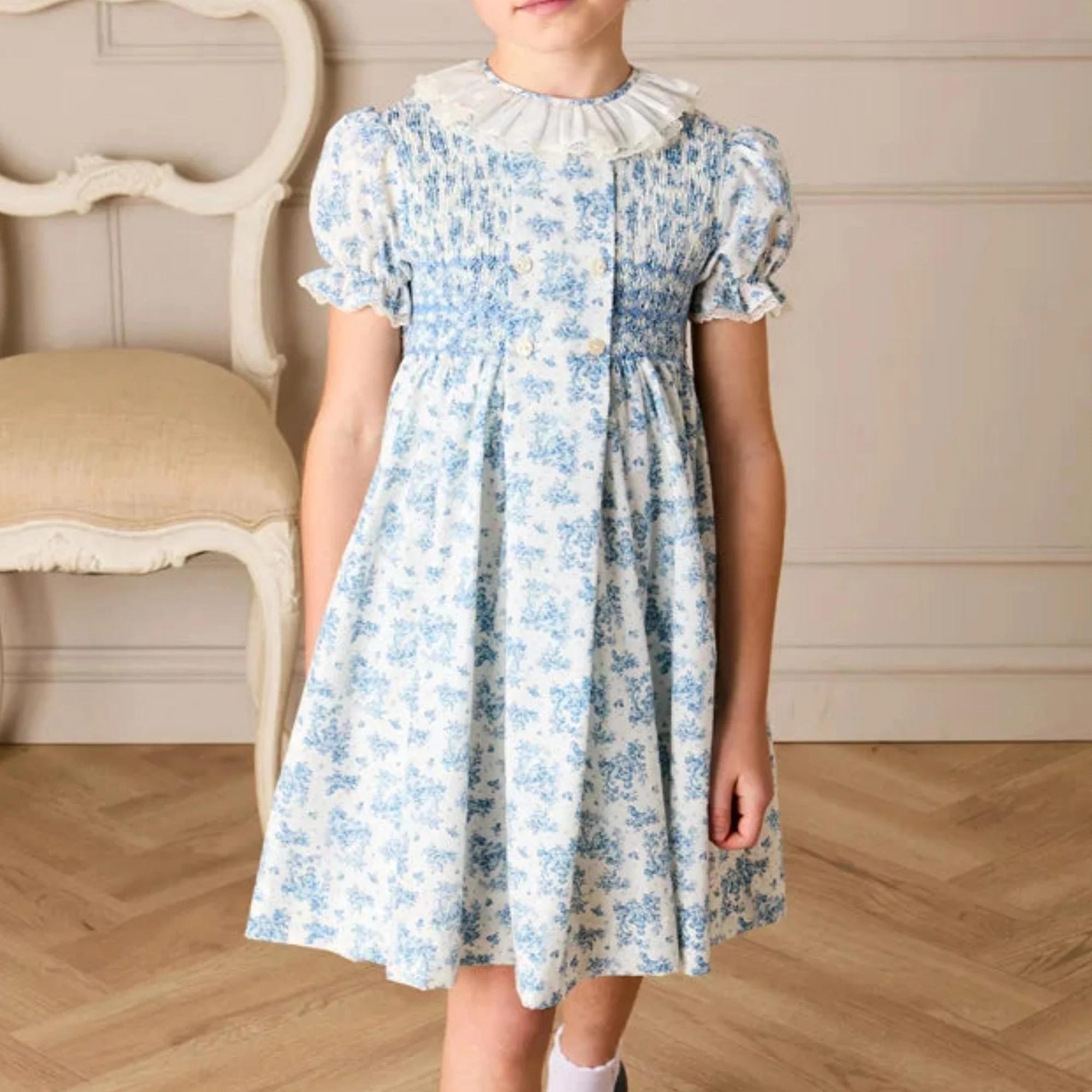 Robe d'été pour filles, style smocké, manches courtes bouffantes, col en dentelle à volants, imprimé