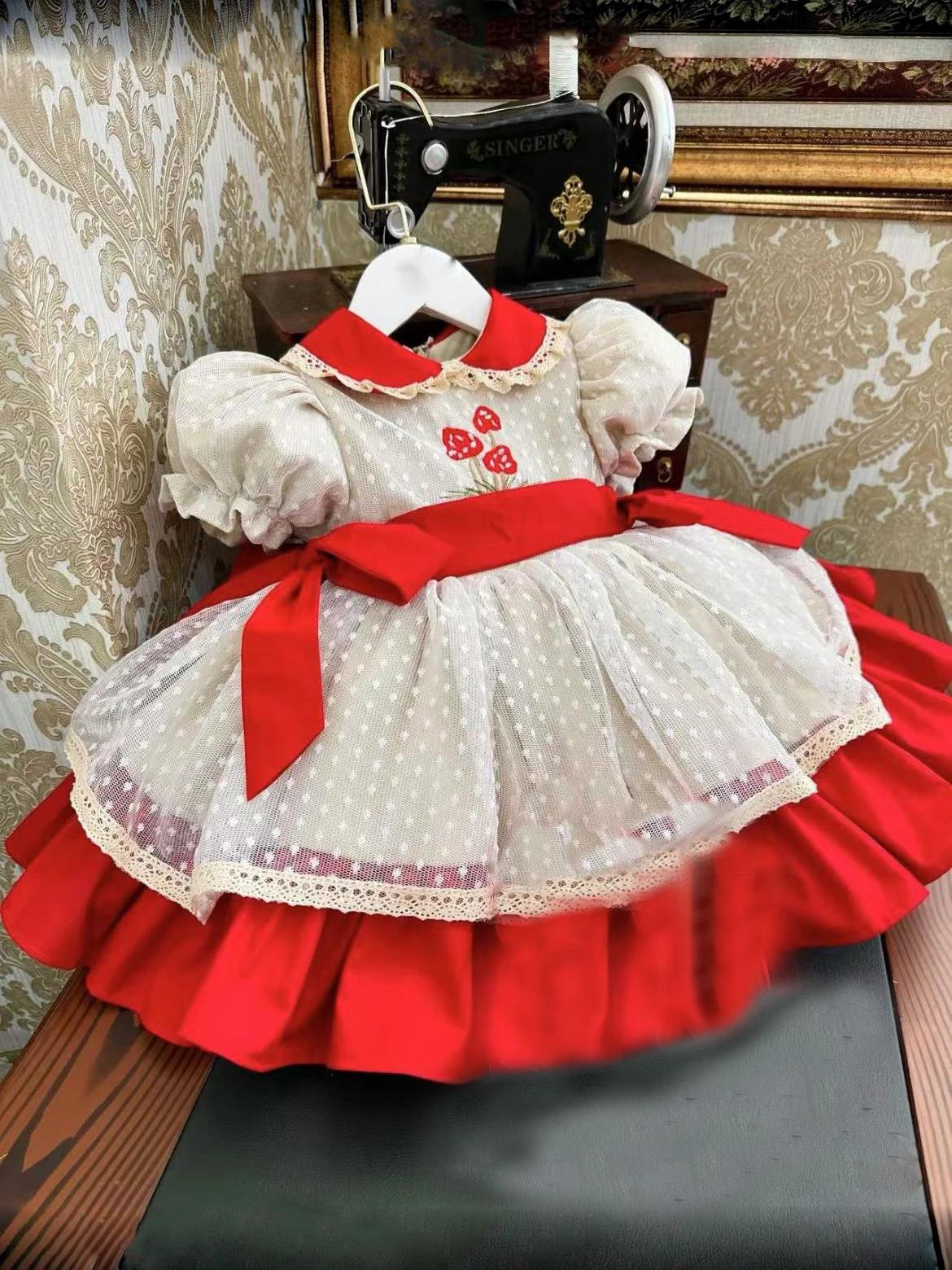 Robe d'été rouge pour bébé fille de 0 à 12 ans, maille brodée à pois blancs, robe de princesse Vinta