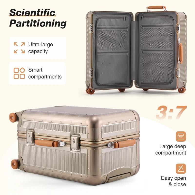 Valise en alliage d'aluminium et de magnésium, compartiment 3:7, roues silencieuses, serrure TSA, po