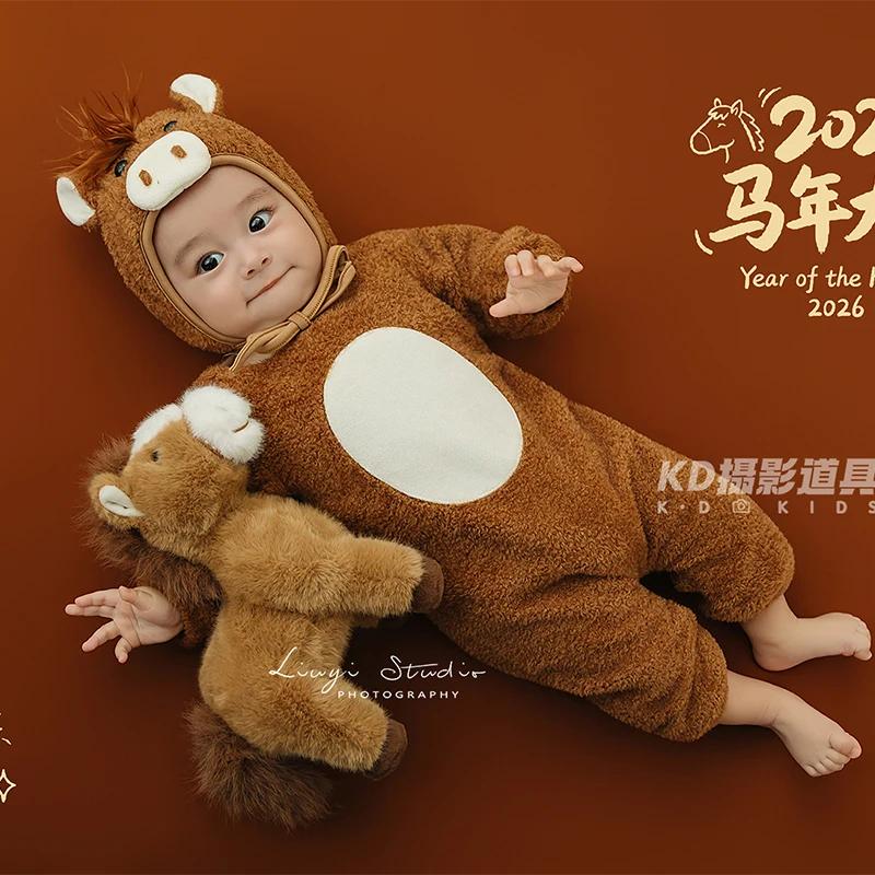 Tenue de photographie pour nouveau-né en forme de cheval avec accessoires en peluche, adorable ensem