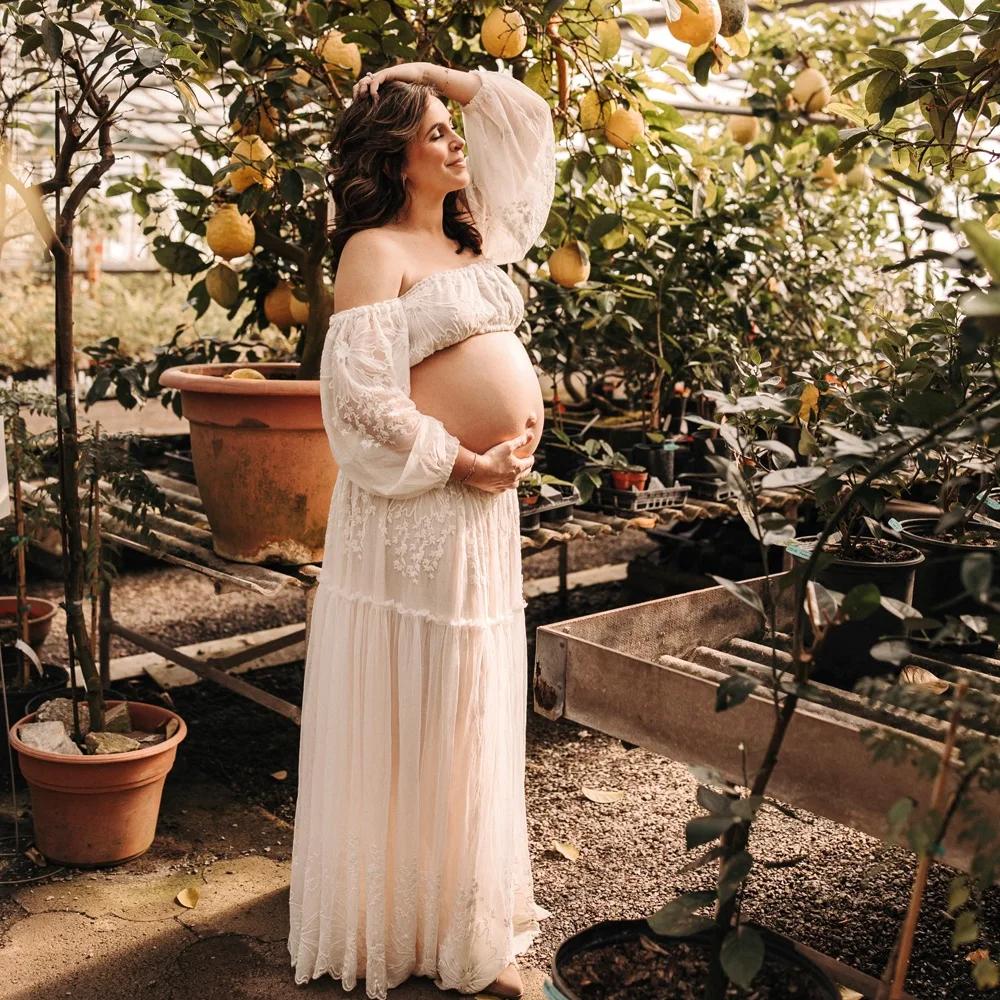 Robe de grossesse bohème pour séance Photo, robes élégantes, maille cryptée douce, broderie de fleur