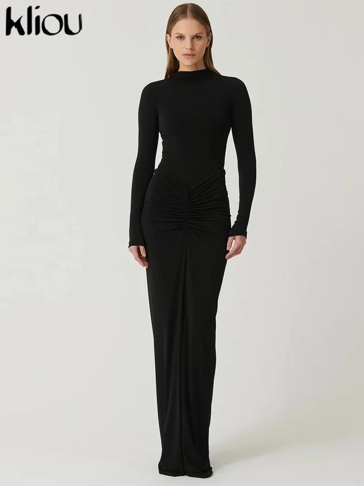 Kliou froncé femmes classique Robe Maxi automne nouveau solide à manches longues col haut moulage du