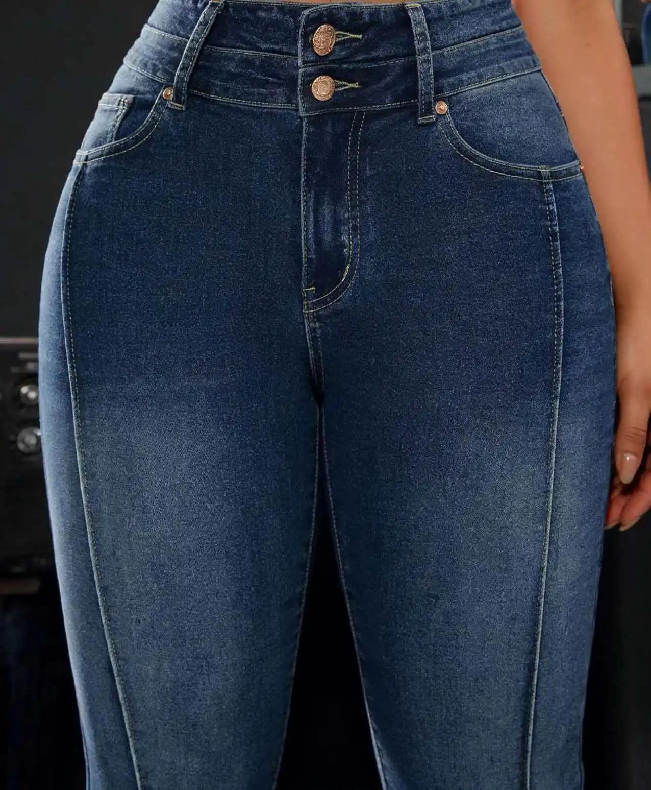 Pantalon en jean stretch taille haute pour femme, détails à double bouton, coupe confortable, jambe 