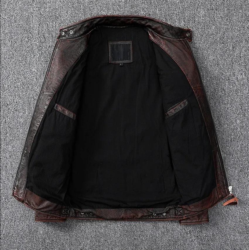 Veste en cuir véritable pour hommes, manteau marron vintage, style motard classique, court, mince, d