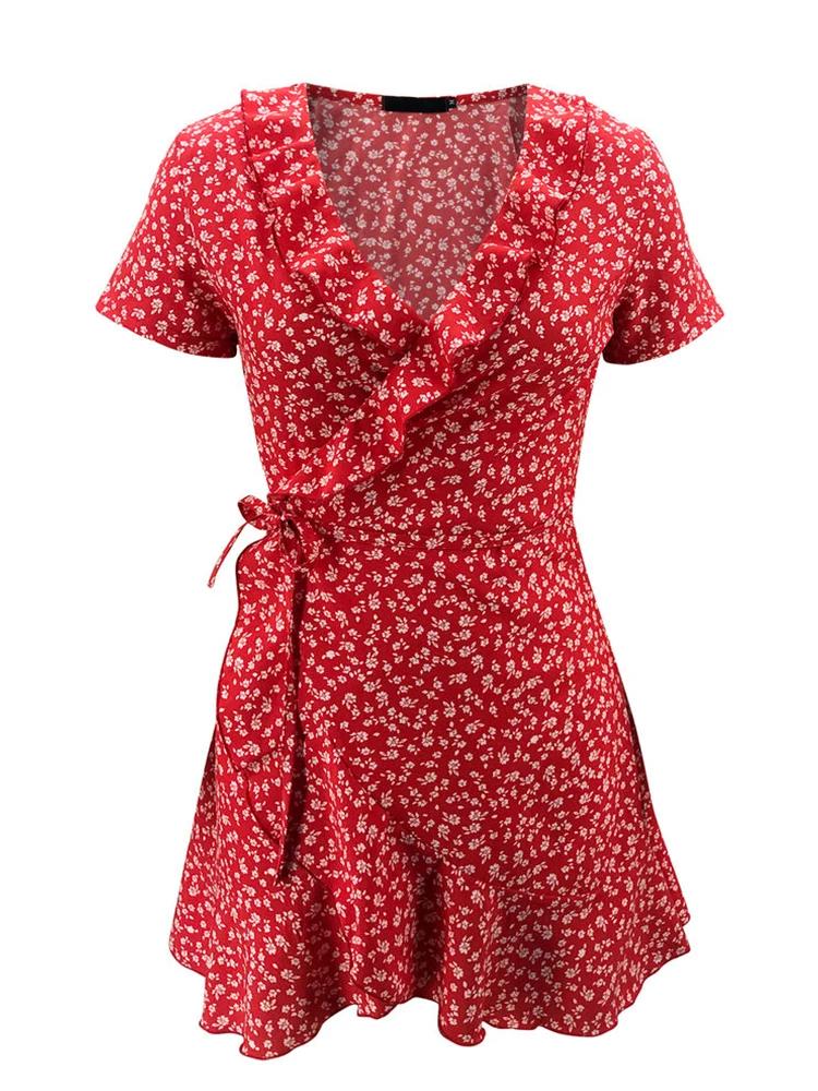Robe trapèze flottante d'été pour femmes, douce et élégante, à volants floraux, col en v, robe court