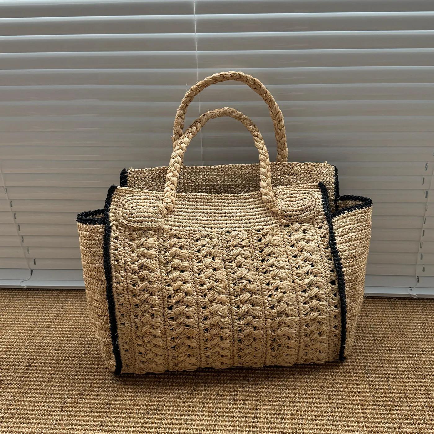 Sac de plage tressé vintage français Lafite, fait main, polyvalent, grande capacité, pour femme, ten