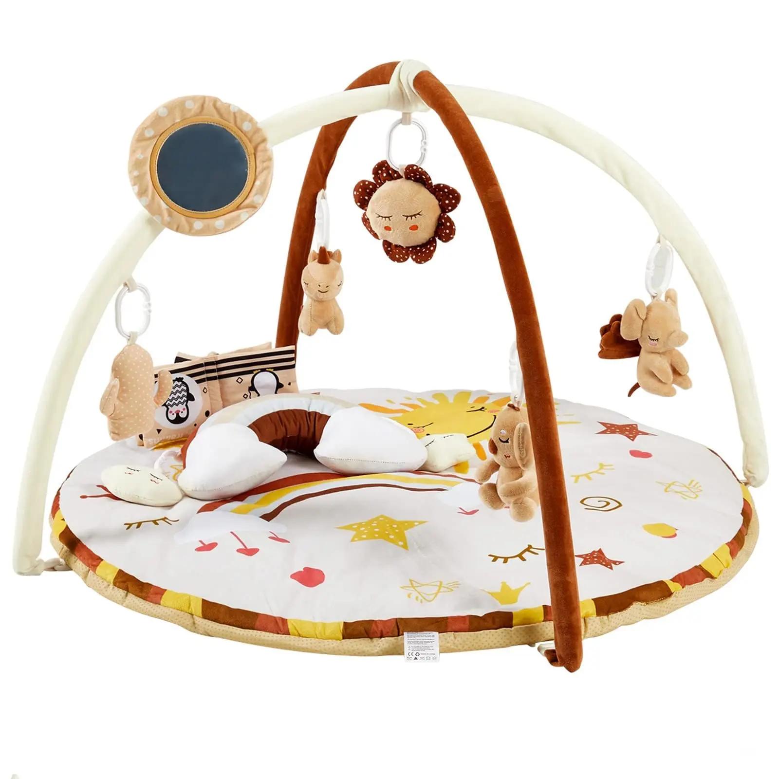 Tapis de jeu pour bébé avec arche d'activités 2-en-1, tapis antidérapant avec 9 jouets sensoriels dé