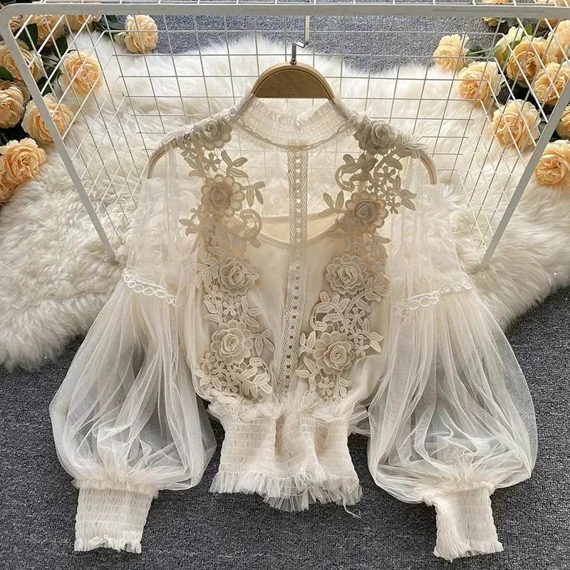 Dentelle bouffée à manches longues Blouse Vintage mode Blouses élégant Femme Blusas coréen Femme hau
