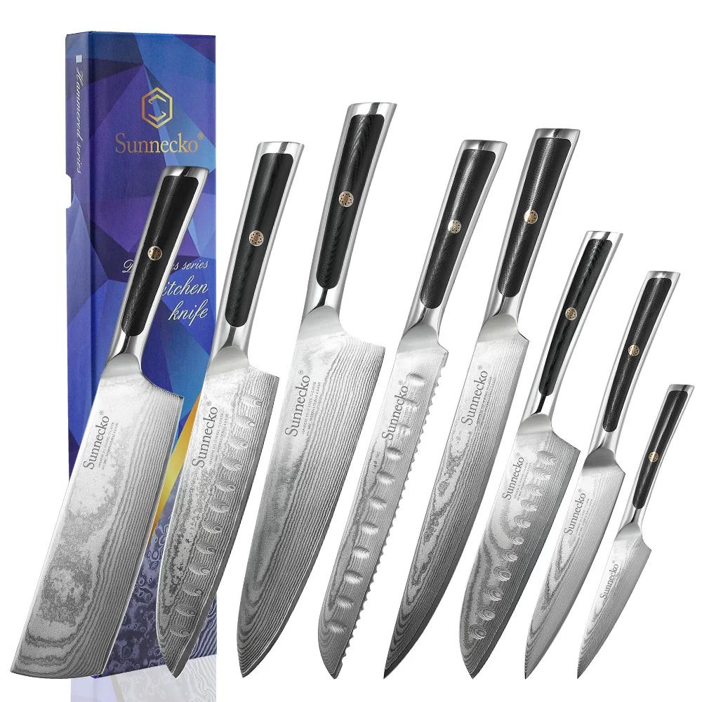 Sunnecko damas couteaux de cuisine 1-8 pièces/ensemble VG10 damas acier couperet Santoku fruits éplu