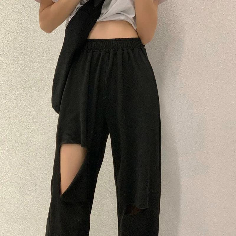 Pantalon Harajuku à jambes larges ajouré pour femmes, jogging, troué, Streetwear Chic, pantalon droi