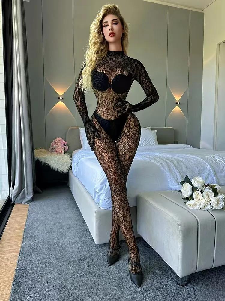 Femmes Sexy léopard évider maille body résille Lingerie à manches longues voir à travers body combin