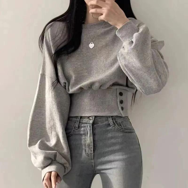 Haut court à col rond pour femme, couleur unie, manches lanternes, avec boutons, pull sportif Hip-Ho