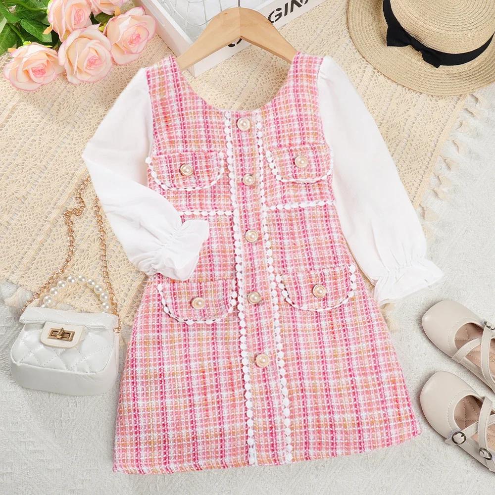 Menoea – robe d'automne pour filles, col rond, carreaux, boutons en dentelle, manches longues, mode 