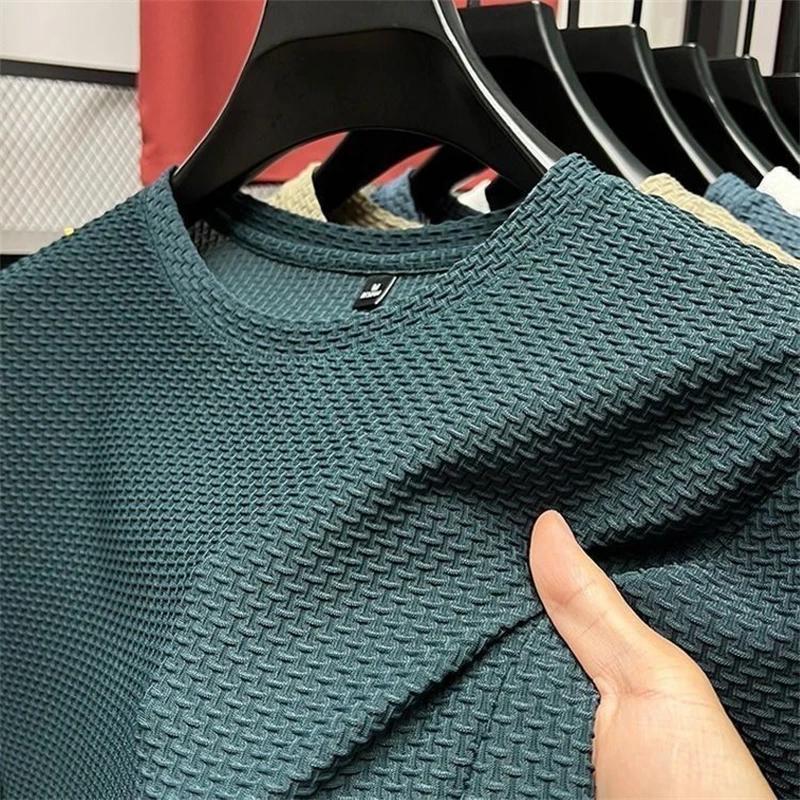 T-shirt d'été en maille et soie glacée pour hommes, manches courtes, col rond, demi-manches, fin, co