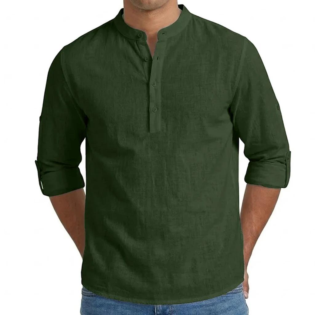 Chemises pour hommes en mélange de lin de qualité supérieure, hauts Henley à manches longues, style 