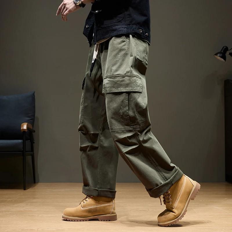 Pantalon Cargo Baggy pour hommes, avec poches, 100% coton, cordon de serrage, taille élastique, jamb
