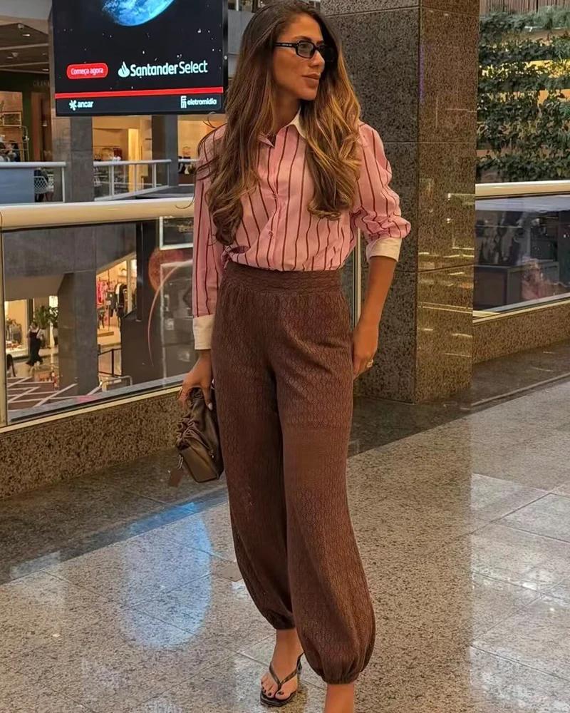 Chemise Femme 2026 Nouvelle Collection Printemps-Été, Chemise Ample Rayée Rose à Poignets Contrastan