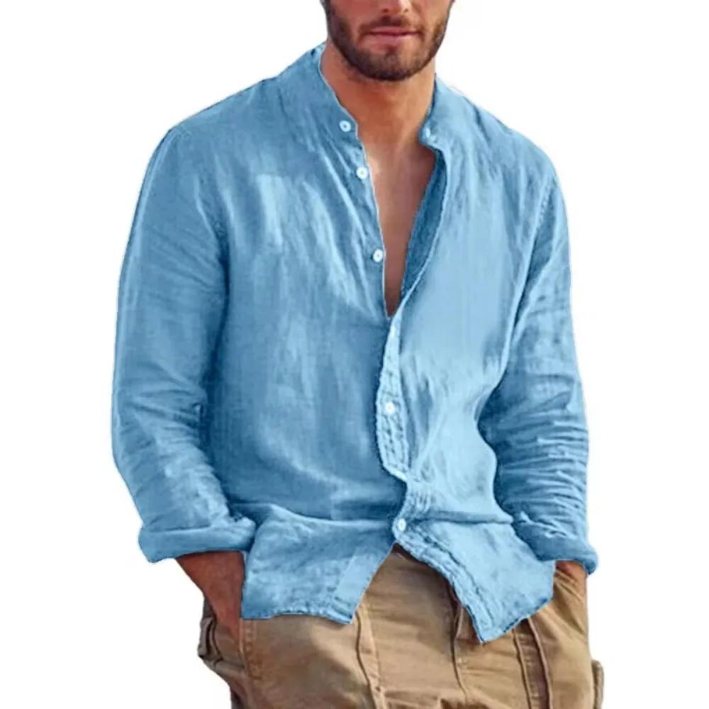 Chemise en lin à manches longues pour hommes, col montant, chemises légères décontractées pour homme