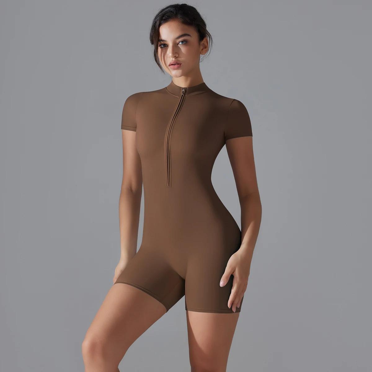 Ensemble de Yoga, combinaisons une pièce pour femmes, fermeture éclair, manches courtes, vêtements d