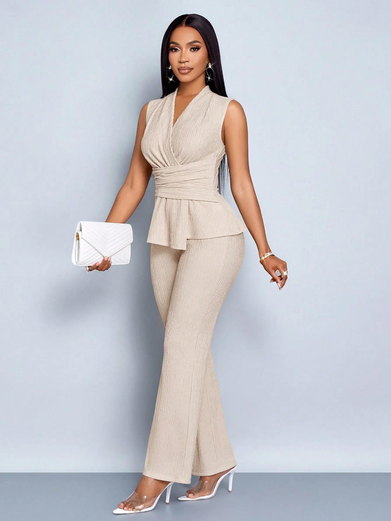 Ensemble deux pièces pour femmes, veste élégante à col en V et pantalon large, couleur abricot