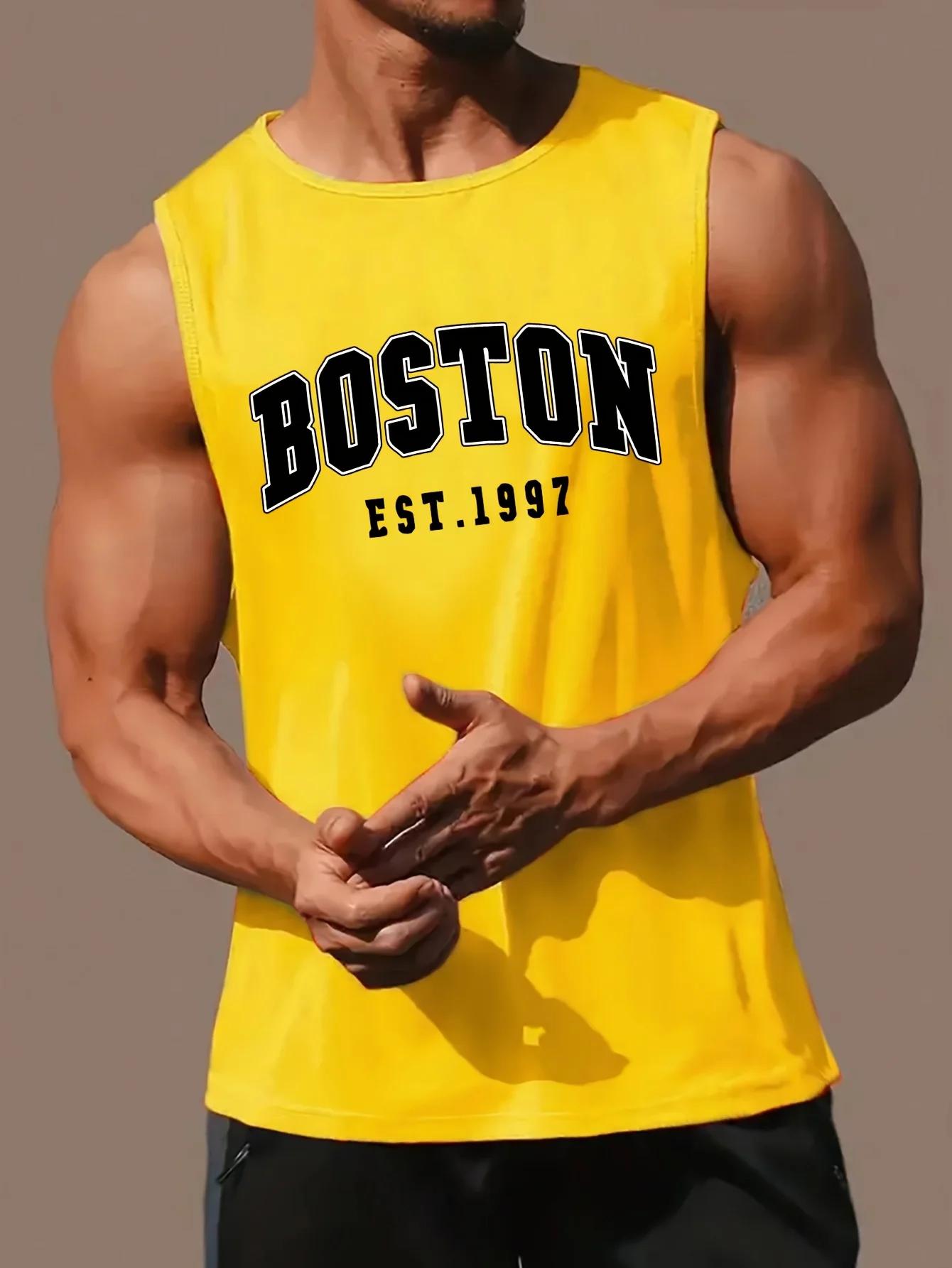 Gilet sans manches à col rond pour hommes, mode d'été, sport décontracté, ample, imprimé Boston est 