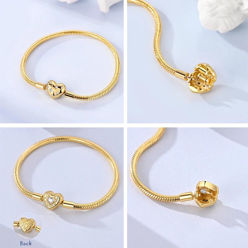 Bracelet cœur d'amour en or 17-20 cm, charme en argent sterling 925, bracelet de famille éternel, br
