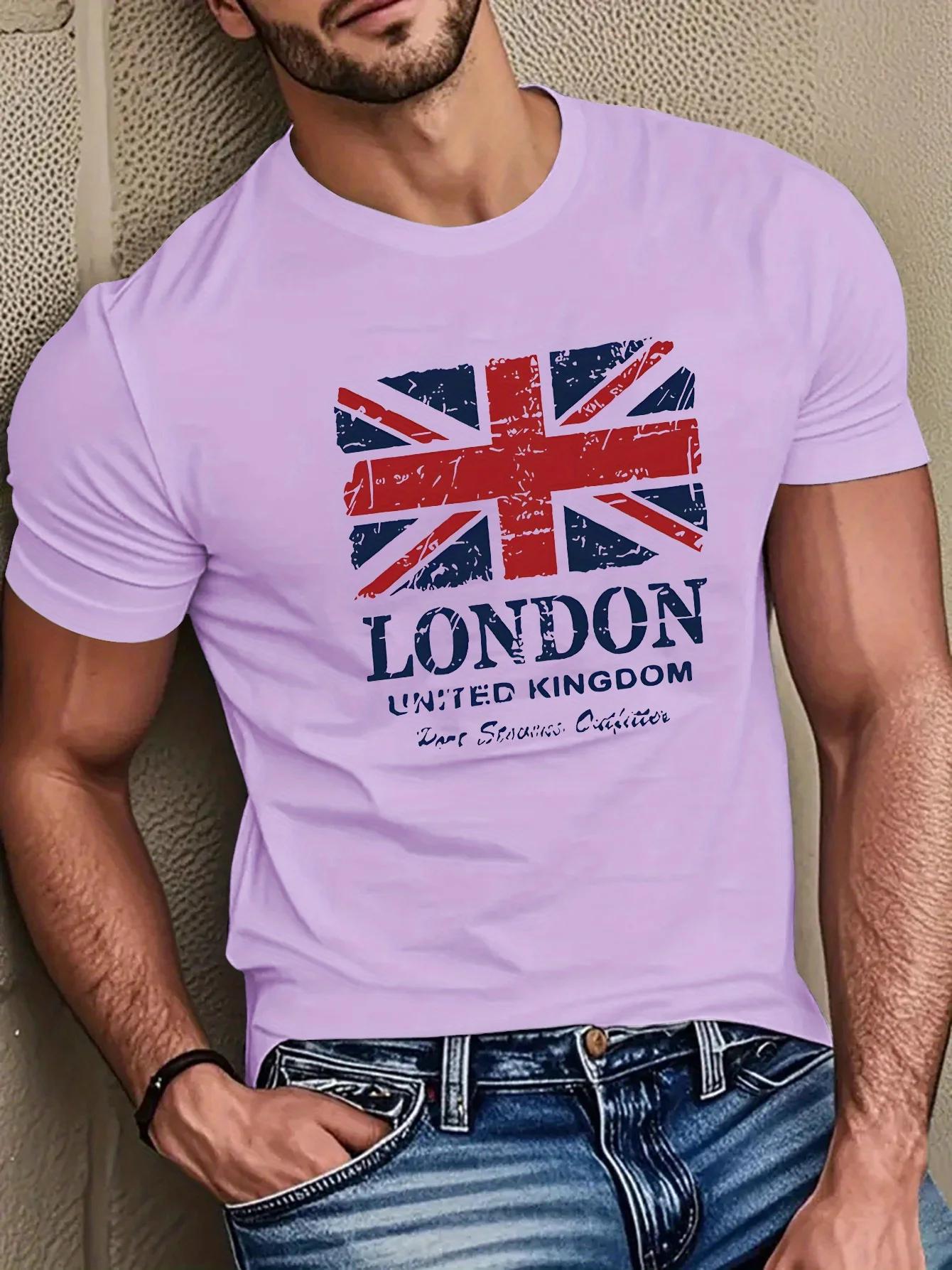 T-shirt à manches courtes pour hommes, 100% pur coton, imprimé drapeau britannique et monuments de L