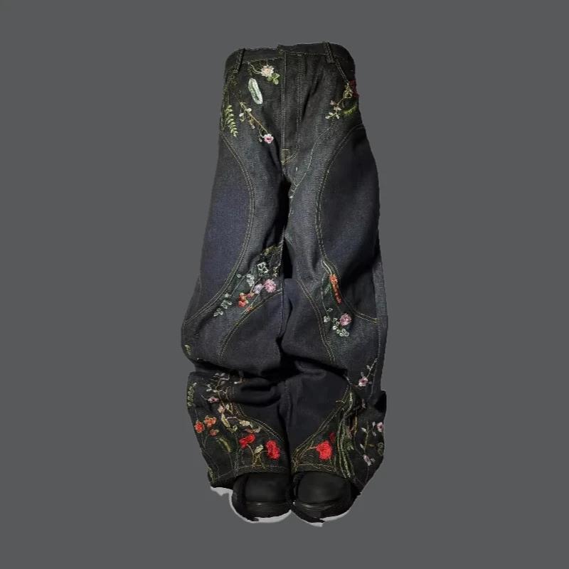 Nouveau jean baggy Y2K Harajuku Streetwear rétro à fleurs, broderie florale tendance, coutures épuré