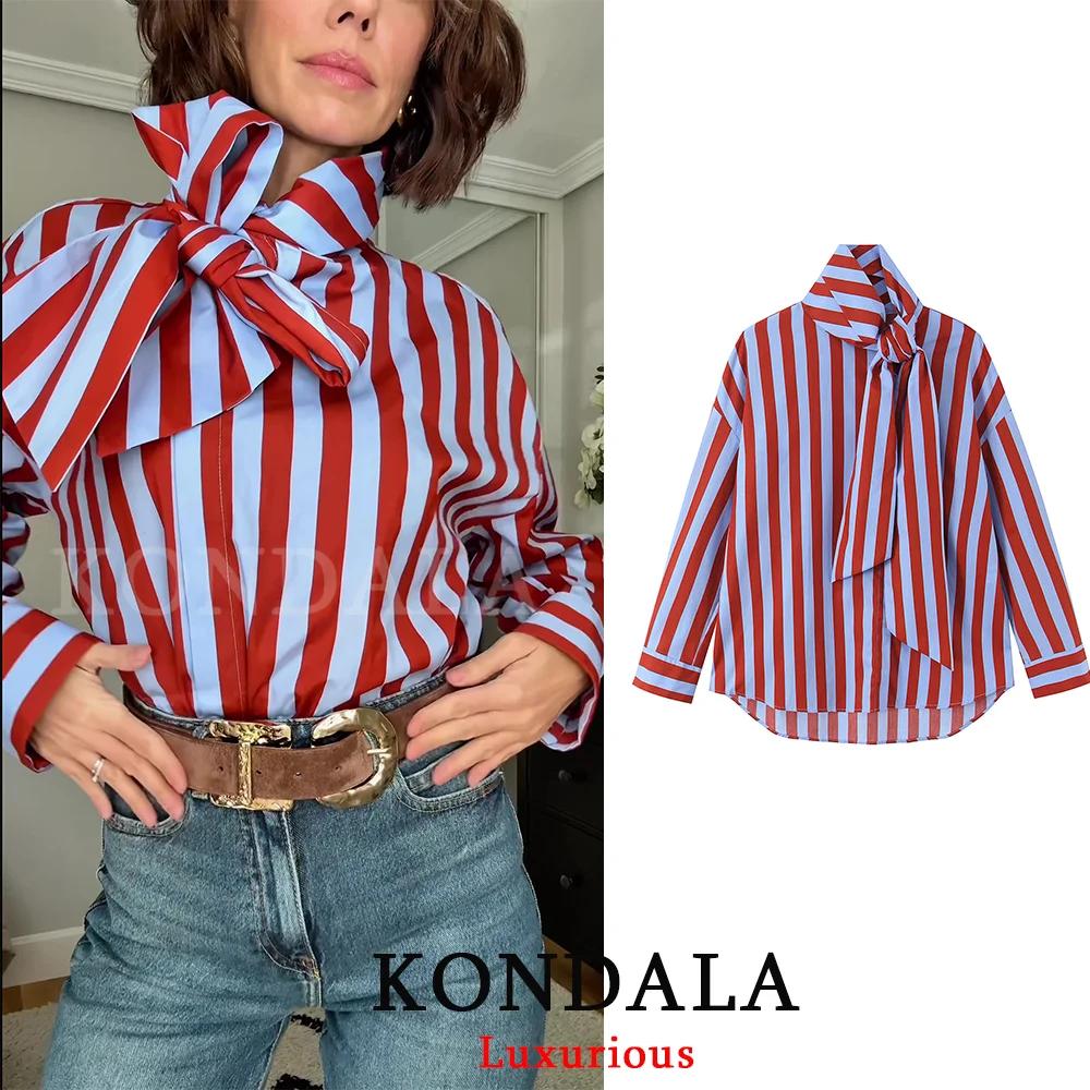 KONDALA Blouse Vintage Femme Rayée Col Rabattu Nœud Manches Longues Boutonnage Simple Mode Printemps