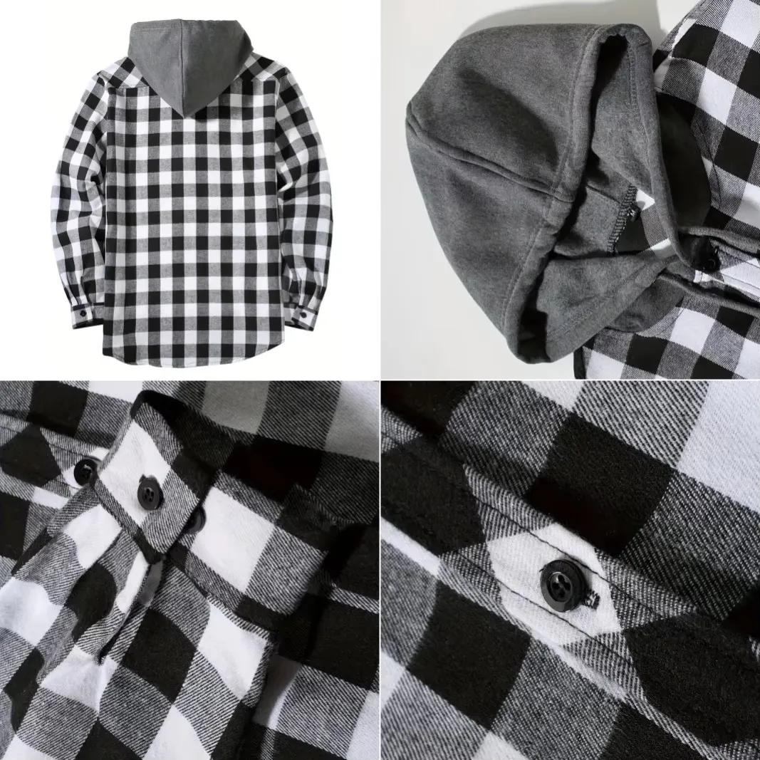 Hommes d'affaires printemps et automne Patchwork Plaid boucle décontractée à capuche à manches longu