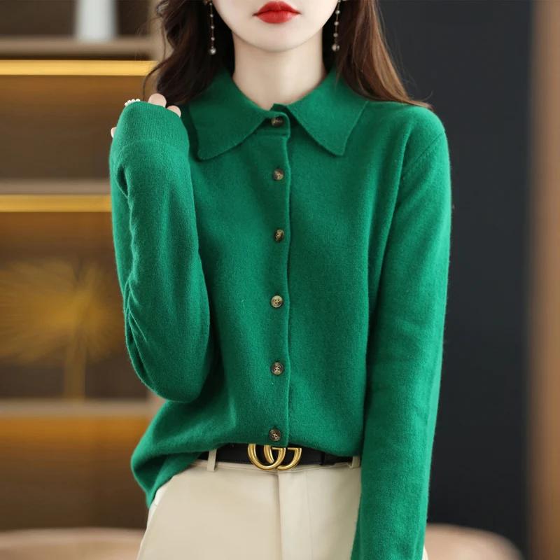 Cardigan tricoté à col POLO pour femmes, basique, polyvalent, veste en laine filée, élégant, pull à 