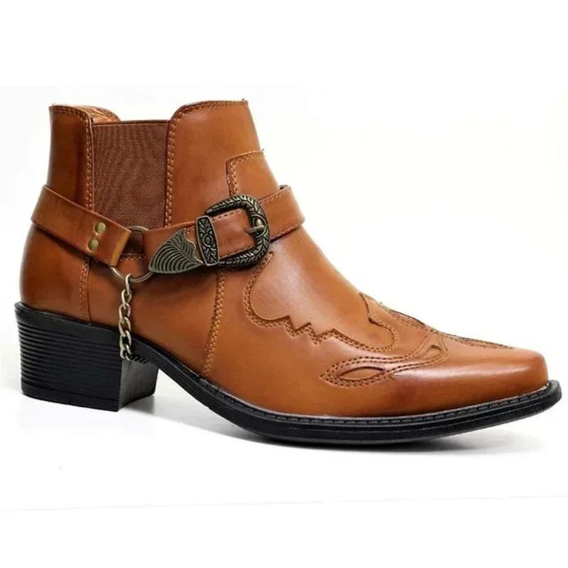 Mode 2025 hommes Vintage Cowboy bottes en cuir haut chaîne boucle sangle Punk chaussures bout pointu