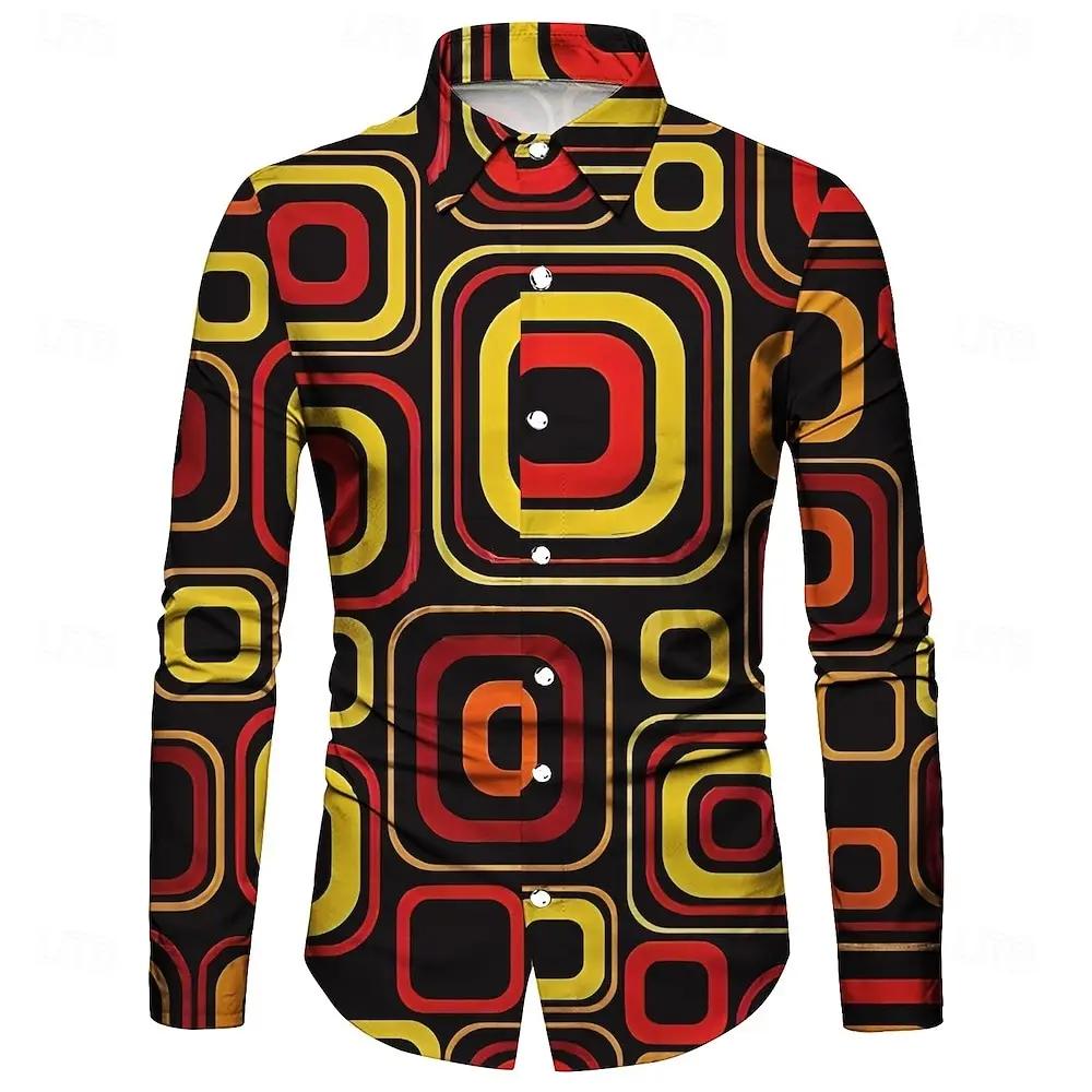 Chemise à manches longues pour hommes, forme géométrique irrégulière 3D imprimée, tissu polyester pe