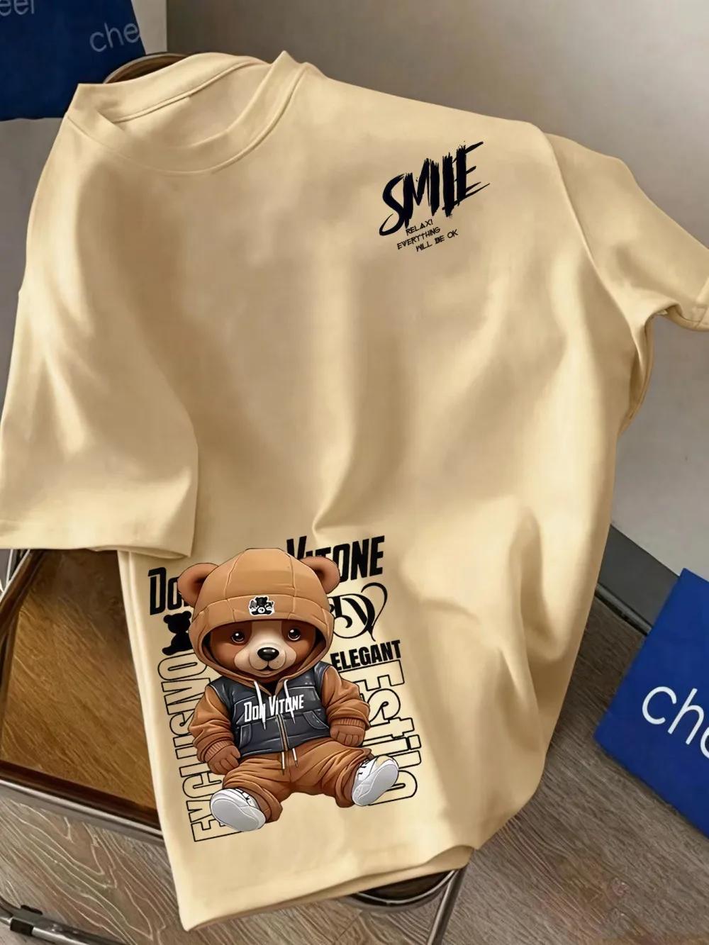 Nouveau T-shirt d'été pour hommes, style européen et américain, à col rond, imprimé motif ours et le