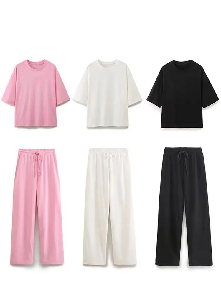 HH été femmes décontracté T-Shirt pantalon ensembles élégant rose col rond manches courtes T-Shirt +